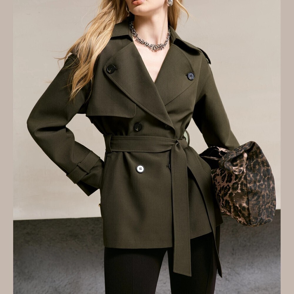 Olive Green Double Breasted Belted Short Cropped Trench Coat